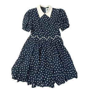 Val Max Girls Blue White Polka Dot Tea Party Dress Sz. 9 Beaded Bow Detail VTG